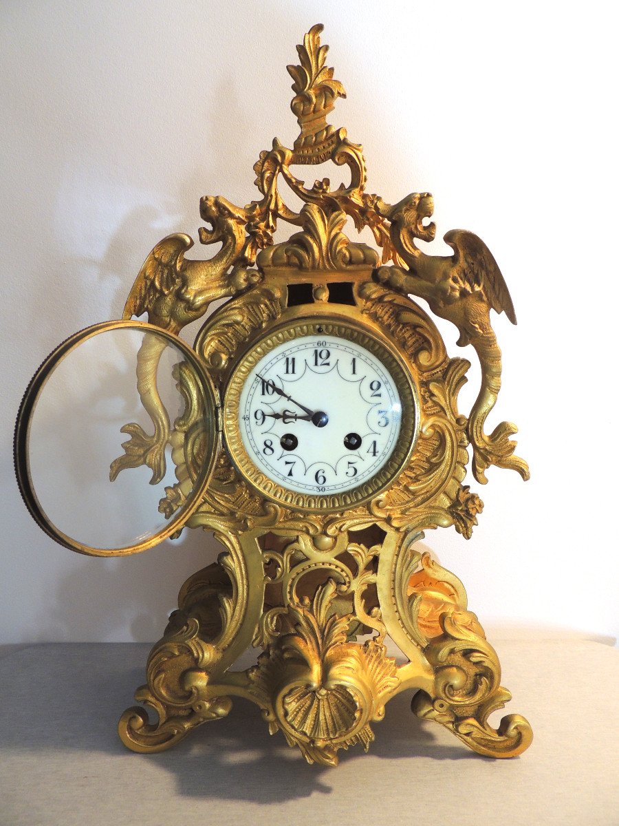 Mantel Clock In Gilt Bronze, Trim, Pendulum, Cartel Louis XV Rocaille Style 19th-photo-3