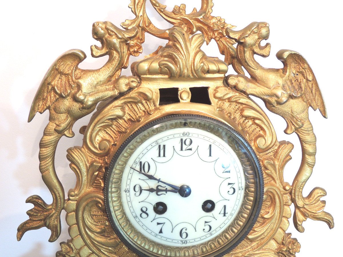 Mantel Clock In Gilt Bronze, Trim, Pendulum, Cartel Louis XV Rocaille Style 19th-photo-1