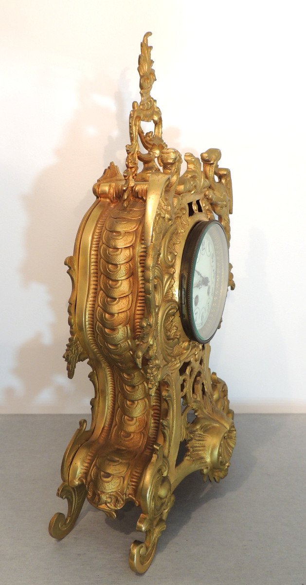 Mantel Clock In Gilt Bronze, Trim, Pendulum, Cartel Louis XV Rocaille Style 19th-photo-5