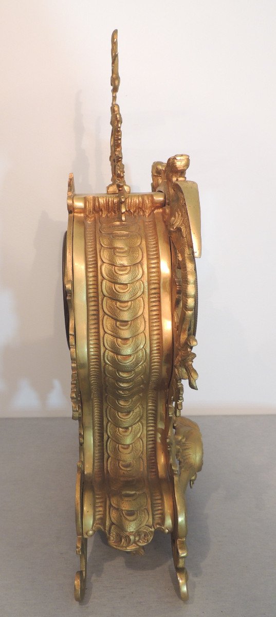 Mantel Clock In Gilt Bronze, Trim, Pendulum, Cartel Louis XV Rocaille Style 19th-photo-6