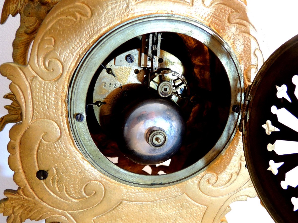 Mantel Clock In Gilt Bronze, Trim, Pendulum, Cartel Louis XV Rocaille Style 19th-photo-7