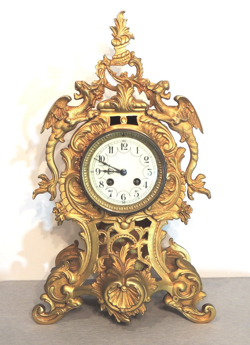 Mantel Clock In Gilt Bronze, Trim, Pendulum, Cartel Louis XV Rocaille Style 19th