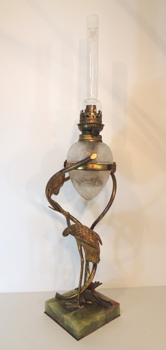 Lamp, Oil Lamp Model With Heron And Water Lilies In Gilt Bronze And Brass, Art Nouveau-photo-2