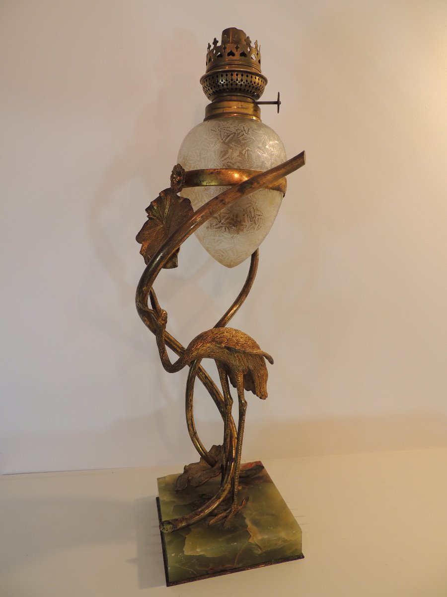 Lamp, Oil Lamp Model With Heron And Water Lilies In Gilt Bronze And Brass, Art Nouveau-photo-3