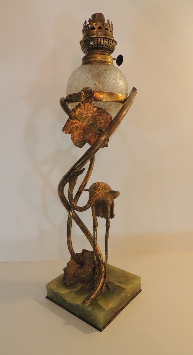 Lamp, Oil Lamp Model With Heron And Water Lilies In Gilt Bronze And Brass, Art Nouveau-photo-4