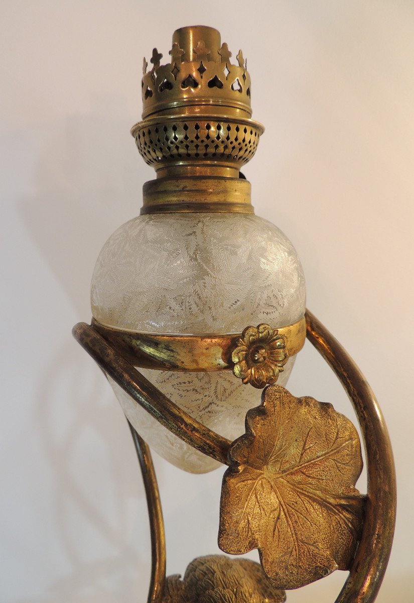 Lamp, Oil Lamp Model With Heron And Water Lilies In Gilt Bronze And Brass, Art Nouveau-photo-2