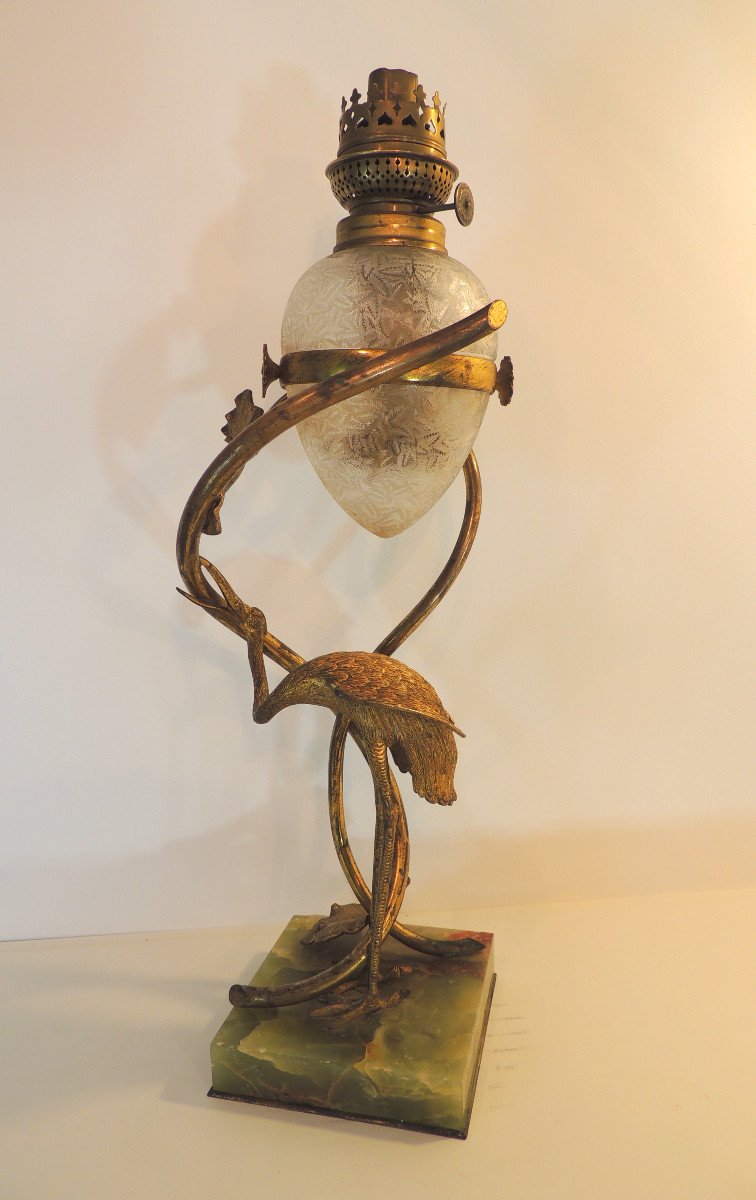 Lamp, Oil Lamp Model With Heron And Water Lilies In Gilt Bronze And Brass, Art Nouveau