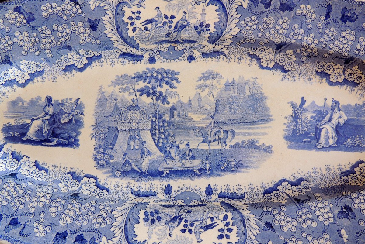 Large Oval Dish, Earthenware David Johnston Et Compagnie, Bordeaux, Printed In Blue Camaïeu 19th-photo-3