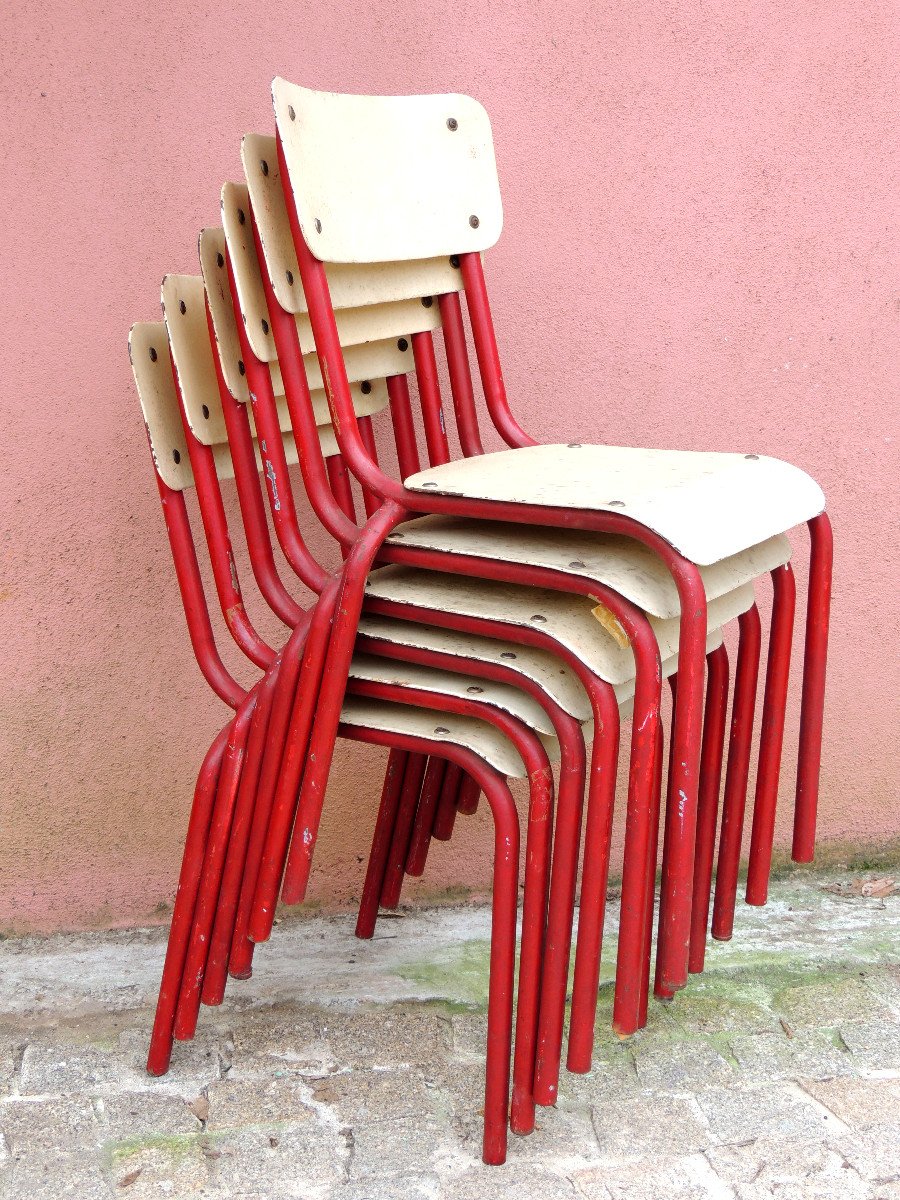 Chairs, 6 School Seats In Tube And Tole, Model From The 50s - 60s, Stackable, Industrial-photo-3