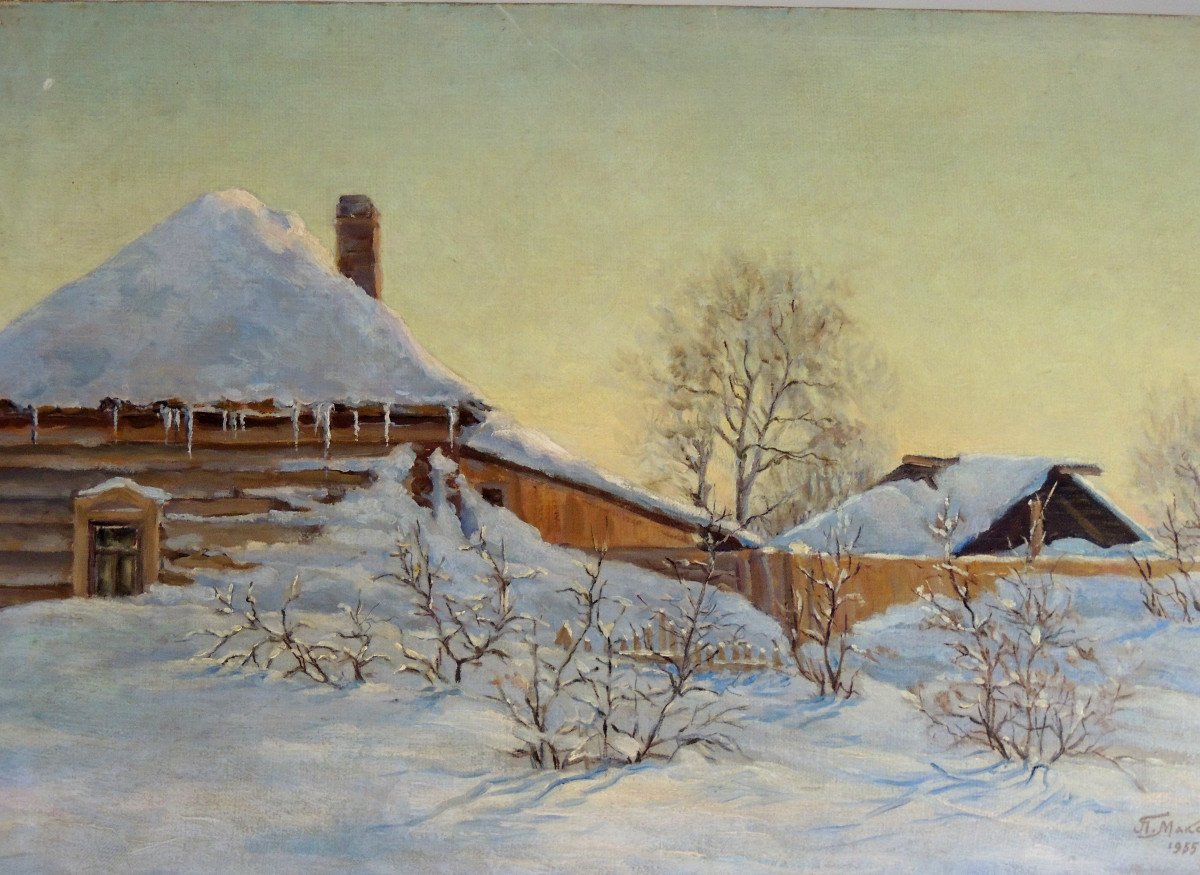 Snow Landscape Painting, Oil On Canvas Signed 1955, House Under The Snow, 20th-photo-3