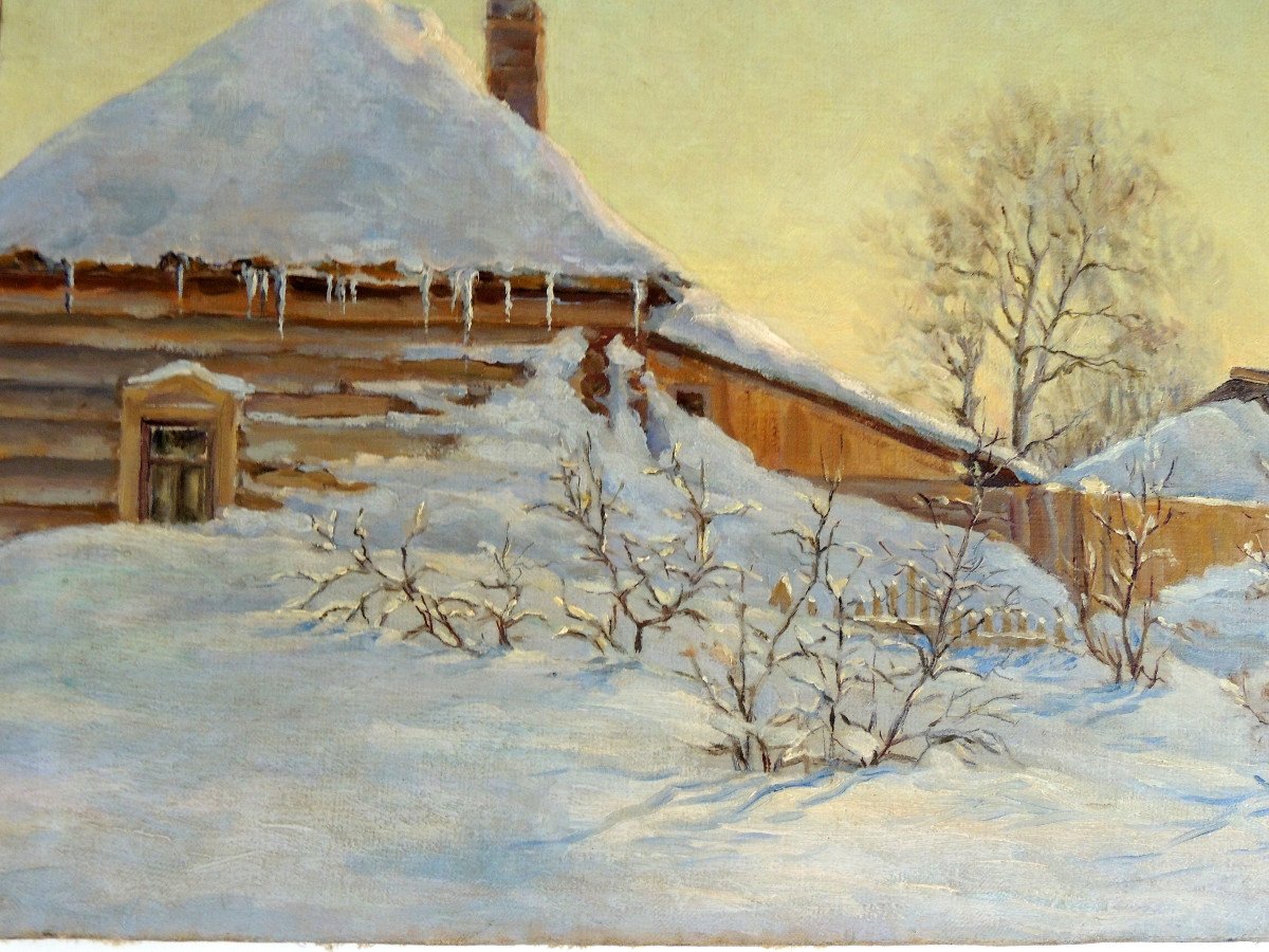 Snow Landscape Painting, Oil On Canvas Signed 1955, House Under The Snow, 20th-photo-4