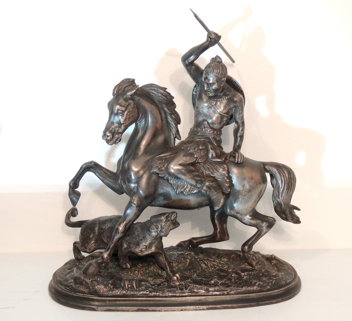 Sculpture, Statue Of A Mongolian Horseman Hunting A Lioness, 19th-photo-3