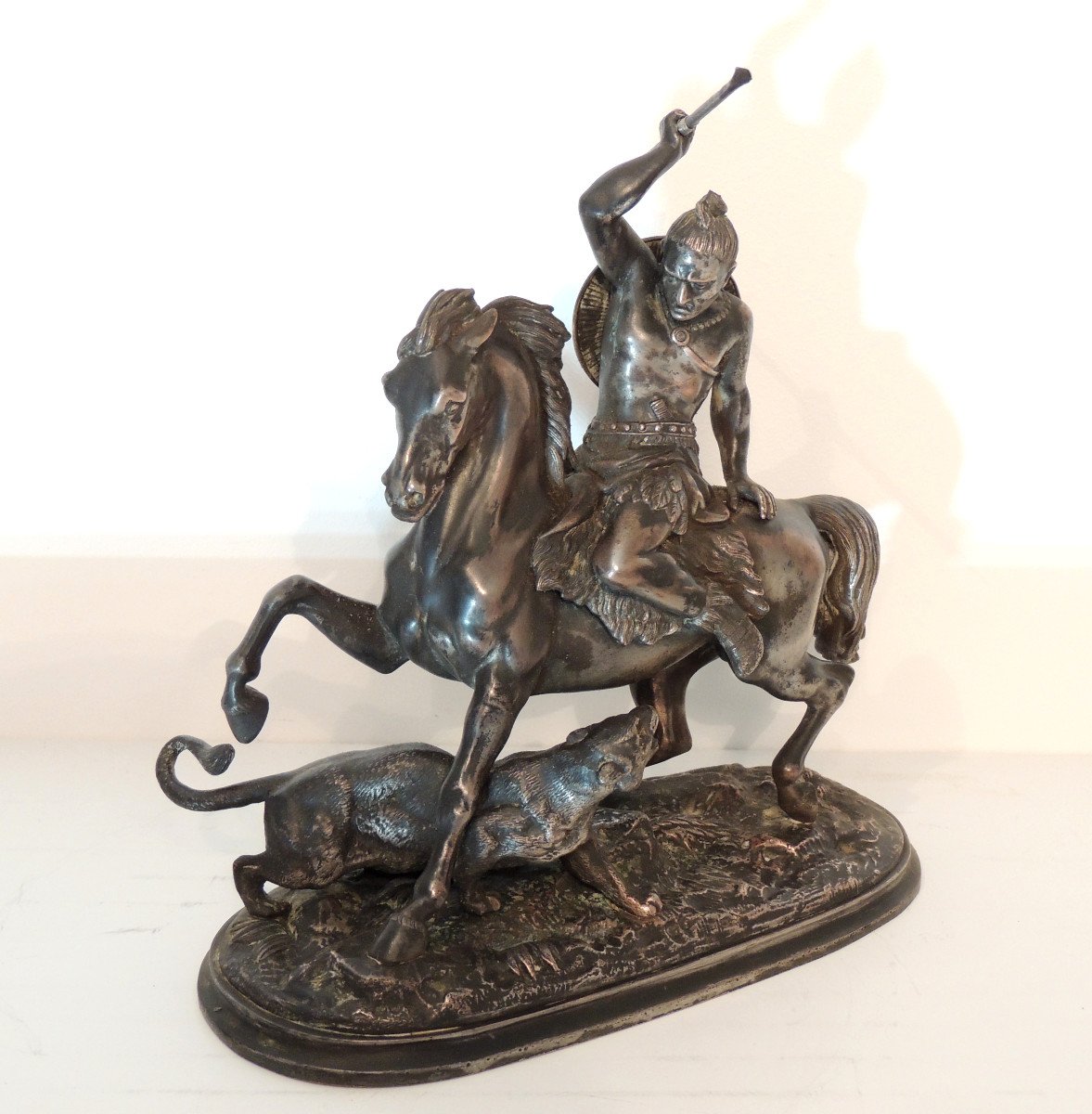 Sculpture, Statue Of A Mongolian Horseman Hunting A Lioness, 19th-photo-4