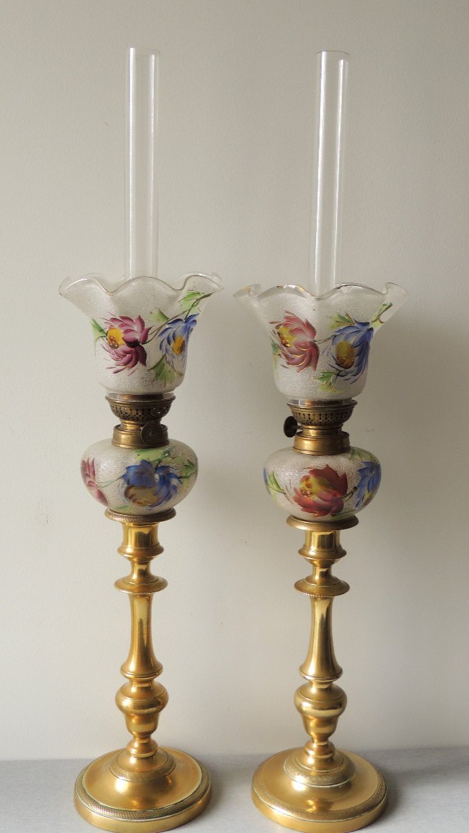 Pair Of Oil Lamps, Pair Of Bronze Candlesticks Decorated With Verrines, 19th Century-photo-2