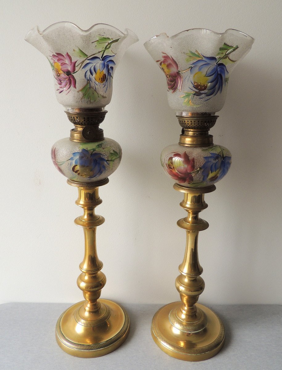 Pair Of Oil Lamps, Pair Of Bronze Candlesticks Decorated With Verrines, 19th Century-photo-3