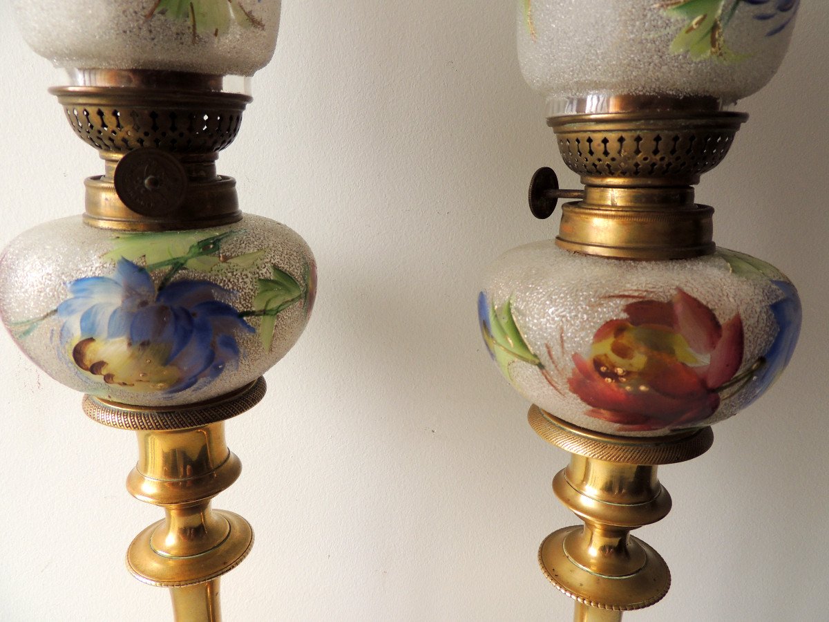 Pair Of Oil Lamps, Pair Of Bronze Candlesticks Decorated With Verrines, 19th Century-photo-3