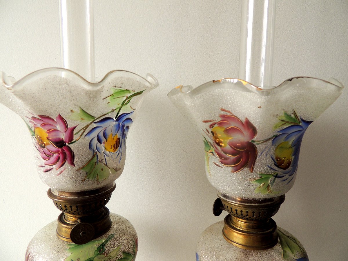 Pair Of Oil Lamps, Pair Of Bronze Candlesticks Decorated With Verrines, 19th Century-photo-4