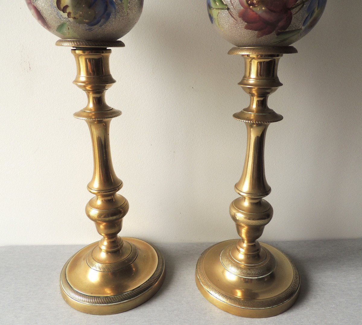 Pair Of Oil Lamps, Pair Of Bronze Candlesticks Decorated With Verrines, 19th Century-photo-5