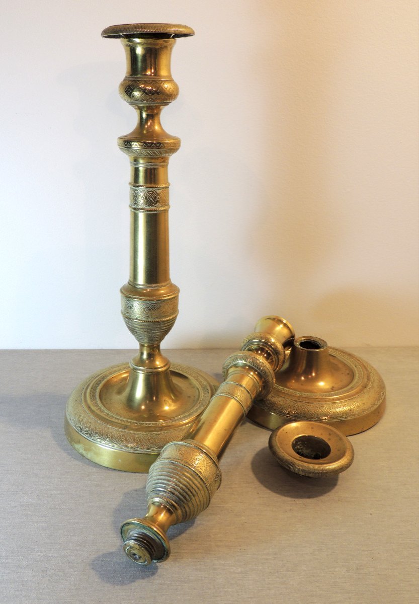 Pair Of Empire Chiseled Bronze Candlesticks, Beautifully Made Torches, Early 19th Century