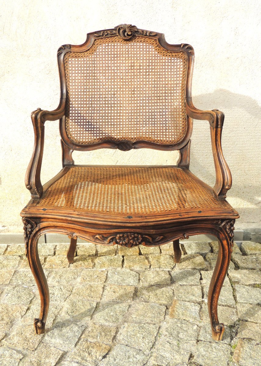 Louis XV Armchair, Solid Wood, Flat Back And Cane Seat, Late 18th 