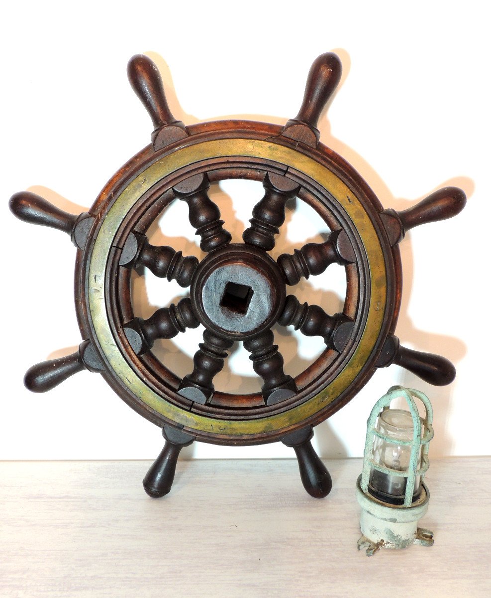 Old Boat Wheel, Rudder Bar, Steering Wheel, Wood And Bronze 20th-photo-2