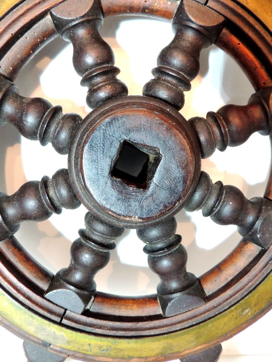 Old Boat Wheel, Rudder Bar, Steering Wheel, Wood And Bronze 20th-photo-4