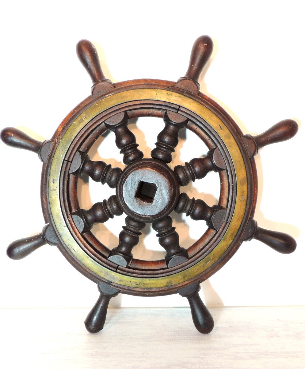 Old Boat Wheel, Rudder Bar, Steering Wheel, Wood And Bronze 20th