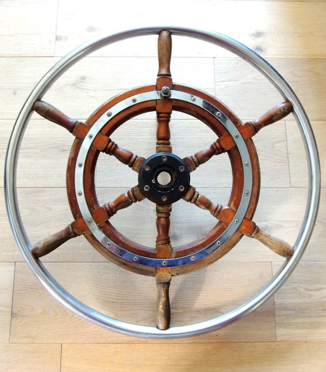 Old Boat Wheel, Rudder, Steering Bar, Mahogany And Stainless Steel, 20th-photo-2