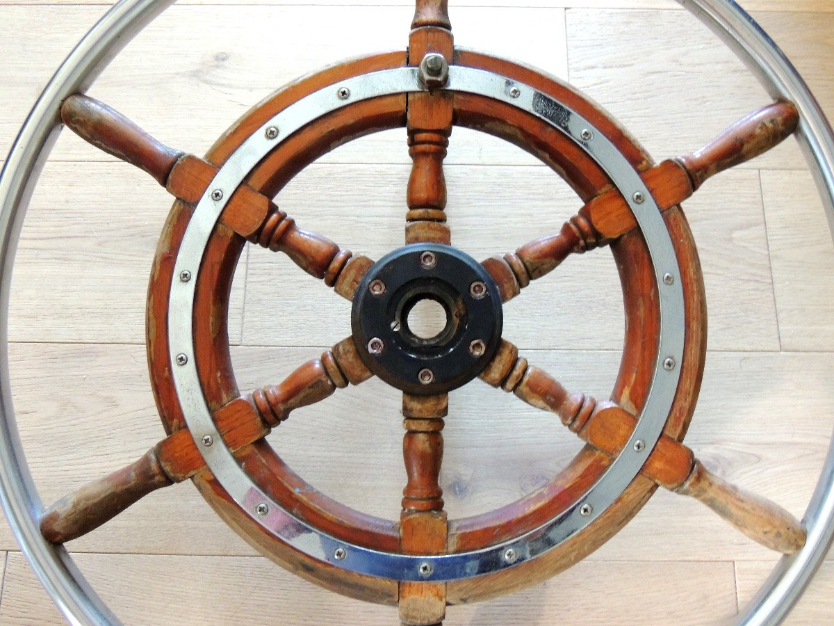 Old Boat Wheel, Rudder, Steering Bar, Mahogany And Stainless Steel, 20th-photo-3