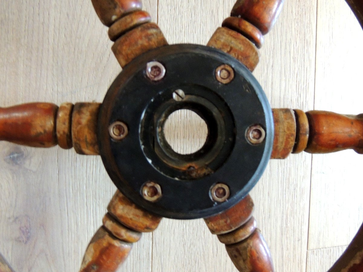 Old Boat Wheel, Rudder, Steering Bar, Mahogany And Stainless Steel, 20th-photo-4