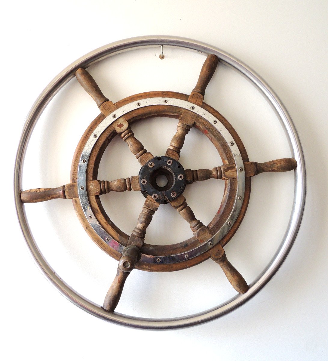 Old Boat Wheel, Rudder, Steering Bar, Mahogany And Stainless Steel, 20th-photo-1