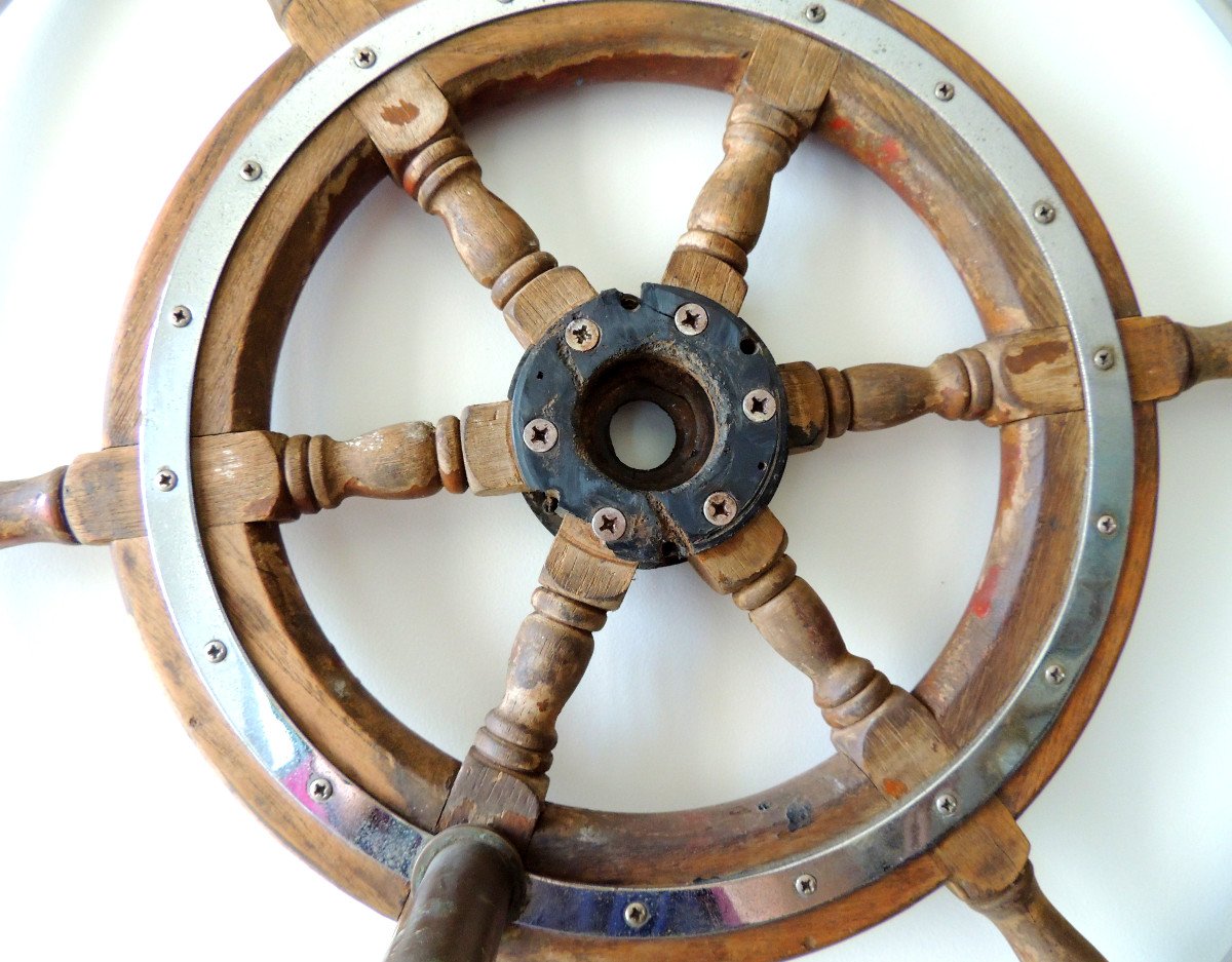 Old Boat Wheel, Rudder, Steering Bar, Mahogany And Stainless Steel, 20th-photo-2