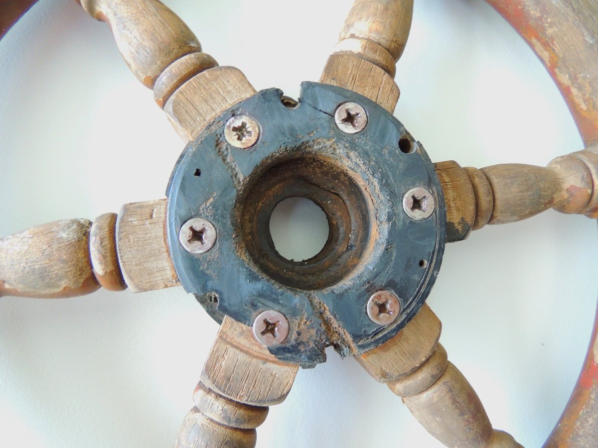 Old Boat Wheel, Rudder, Steering Bar, Mahogany And Stainless Steel, 20th-photo-3