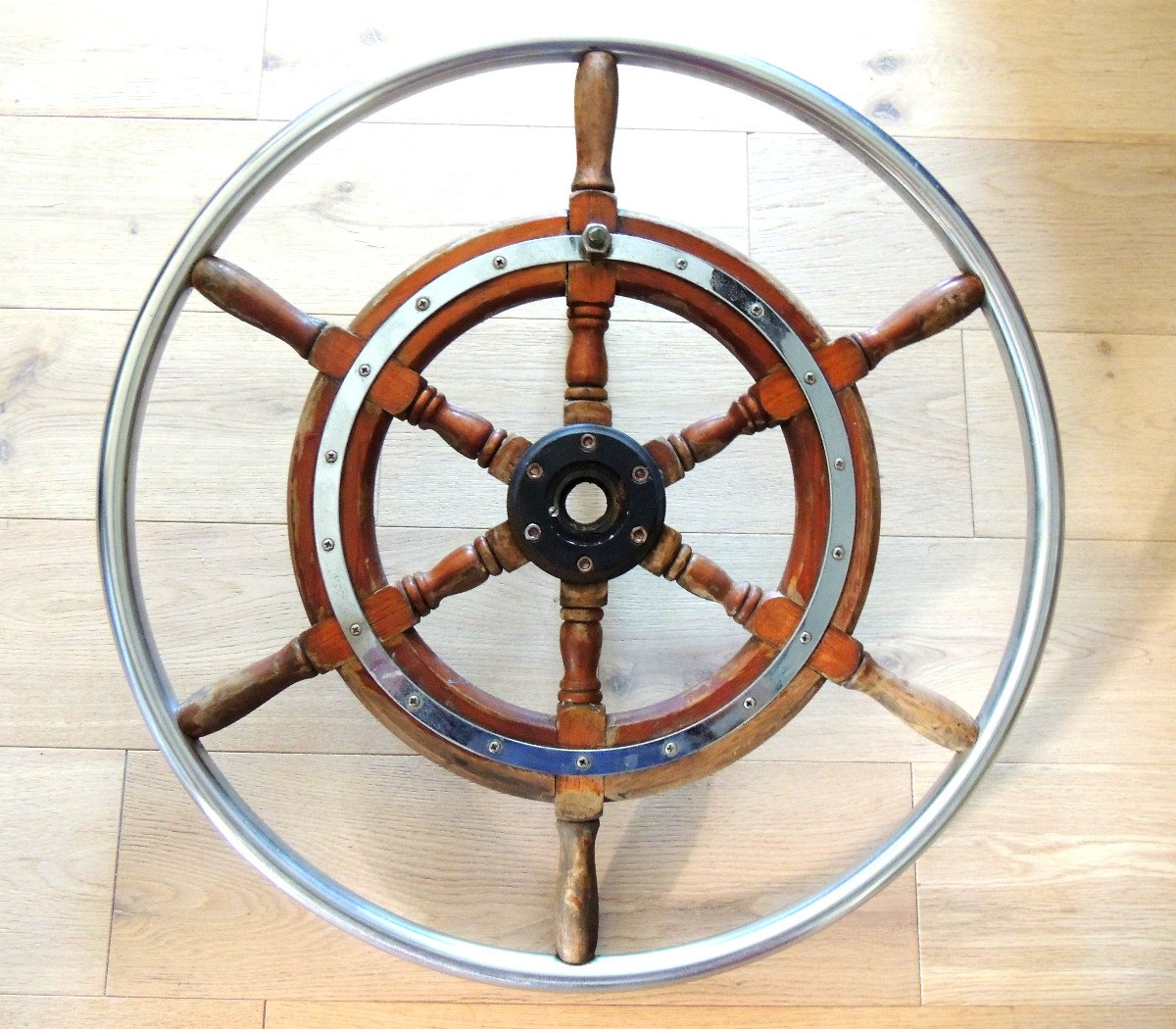 Old Boat Wheel, Rudder, Steering Bar, Mahogany And Stainless Steel, 20th