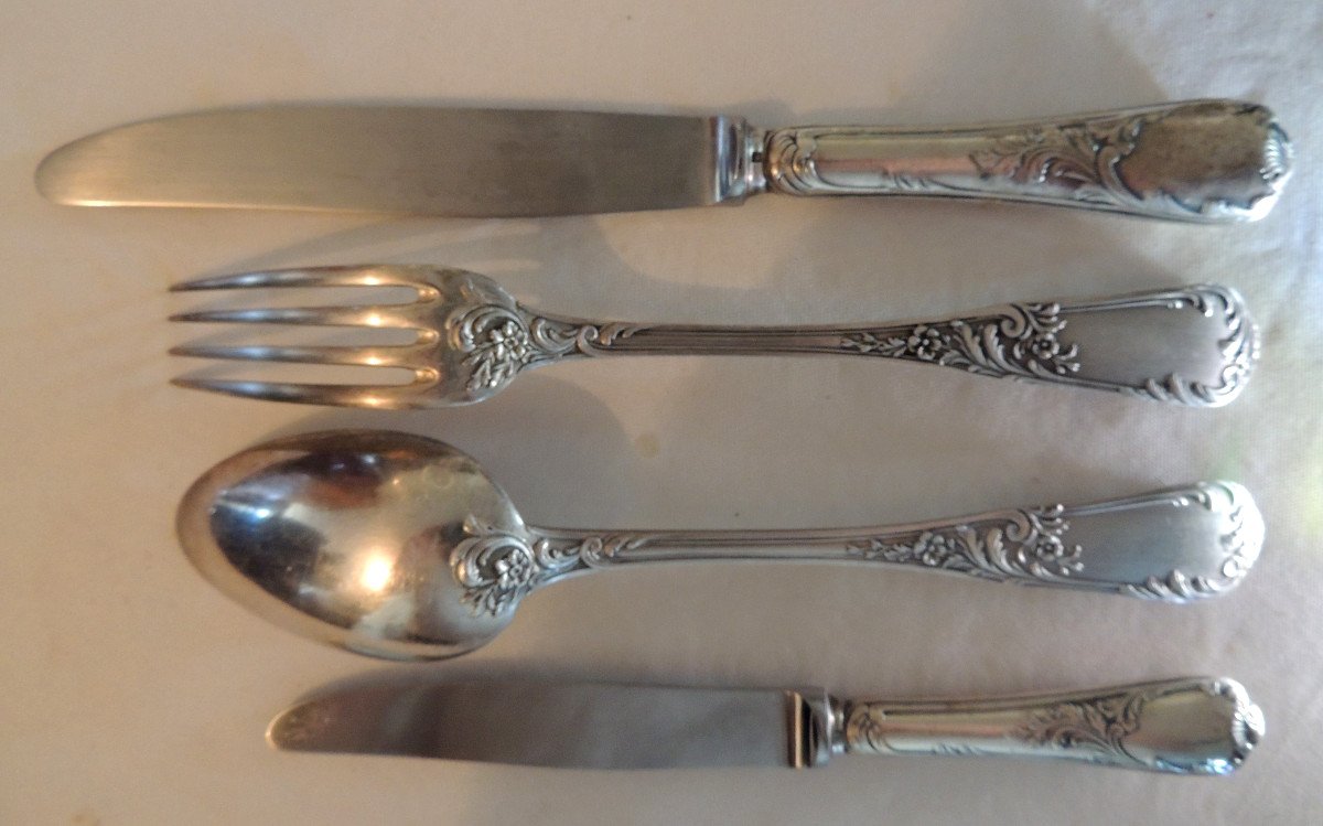 Christofle, 17 Silver Metal Cutlery Model Marly (rocaille Style), 20th-photo-1