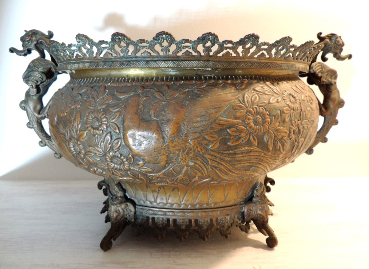 Planter, Asian Cache Pot In Copper And Bronze, Decor Of Birds And Flowers, 19th -photo-3