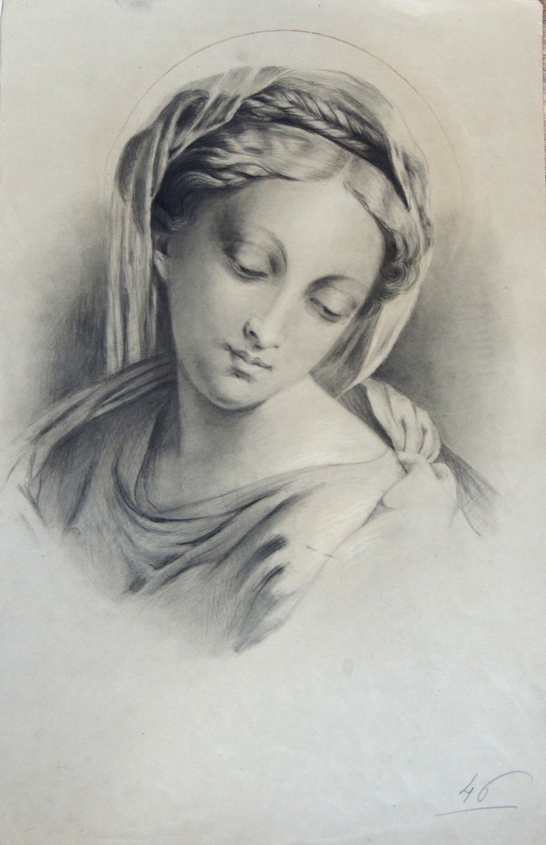 Dessin Au Crayon, épreuve d'Artiste Sur Papier Planche N° 46, Portrait d'Une Jeune Femme,19 ème