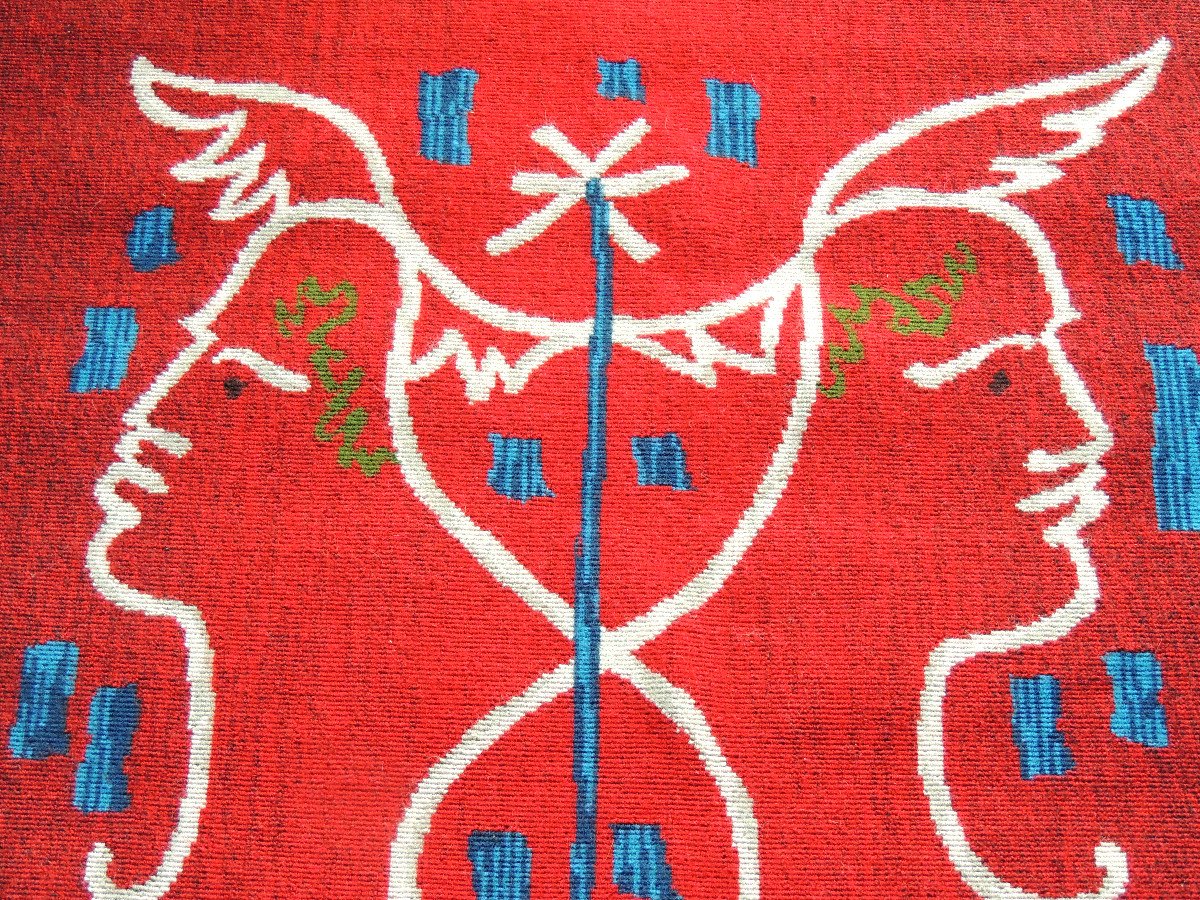 Carpet, Wool Tapestry The Caduceus By Jean Cocteau 1963, Modern Art, 20th Century-photo-1