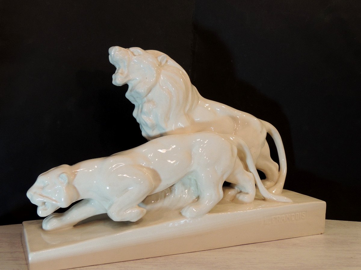 Ceramic, Couple Of Ceramic Lions By Louis Francois, Art Deco From The 20th Century -photo-2