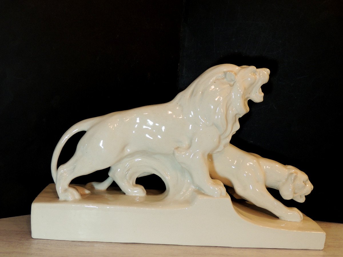 Ceramic, Couple Of Ceramic Lions By Louis Francois, Art Deco From The 20th Century -photo-3