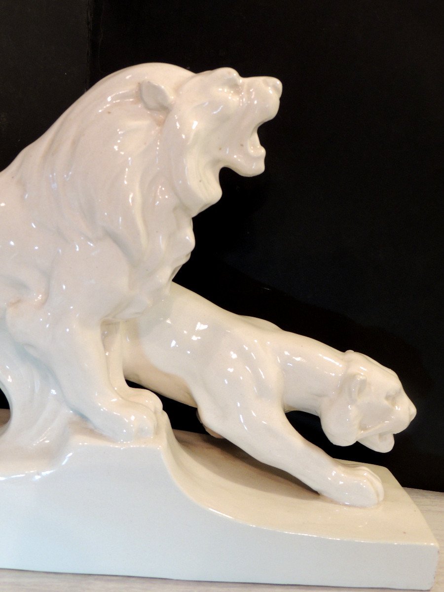 Ceramic, Couple Of Ceramic Lions By Louis Francois, Art Deco From The 20th Century -photo-4