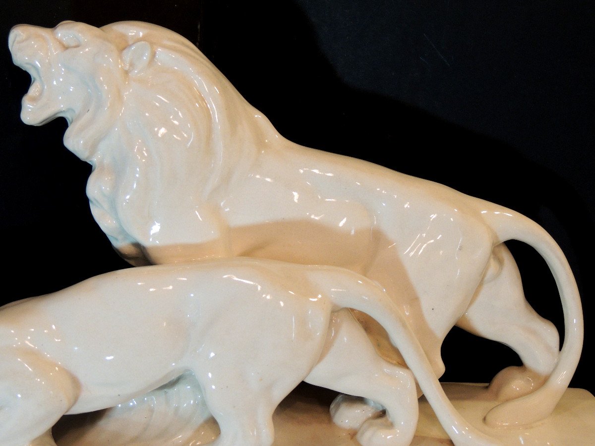 Ceramic, Couple Of Ceramic Lions By Louis Francois, Art Deco From The 20th Century -photo-1