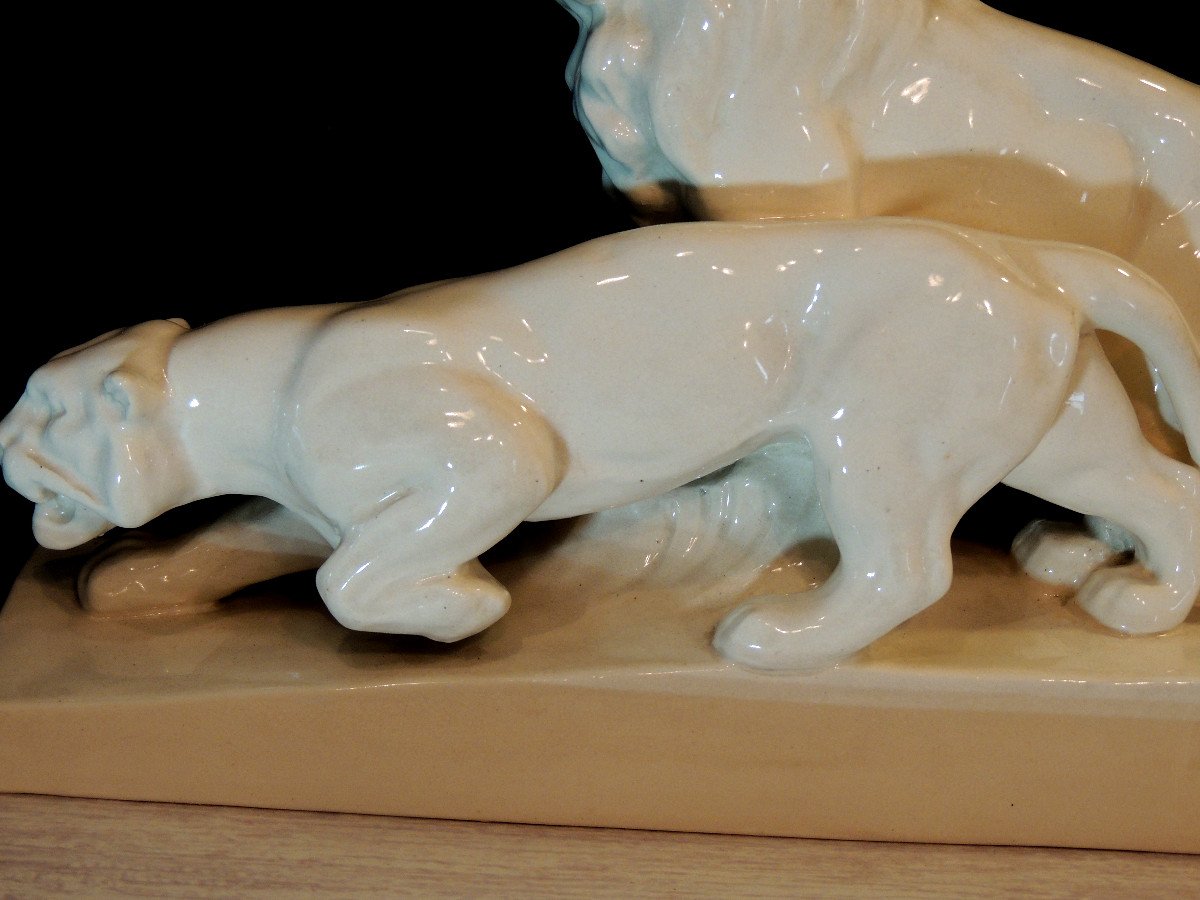 Ceramic, Couple Of Ceramic Lions By Louis Francois, Art Deco From The 20th Century -photo-2