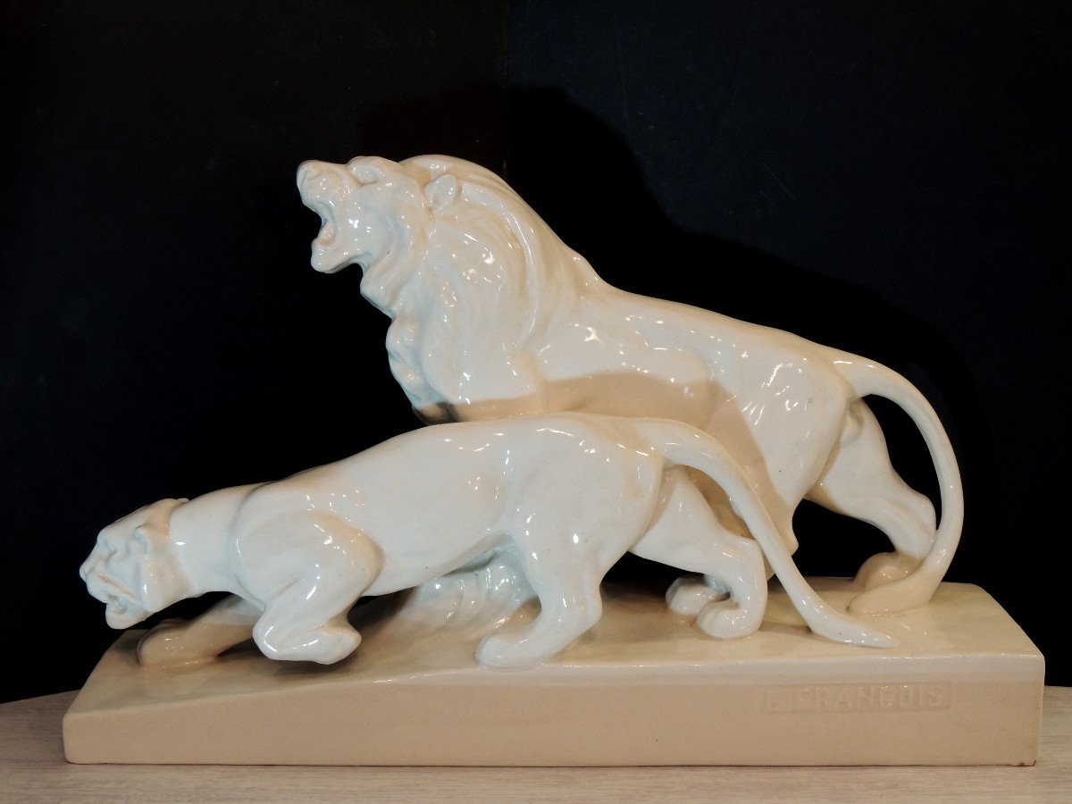 Ceramic, Couple Of Ceramic Lions By Louis Francois, Art Deco From The 20th Century 