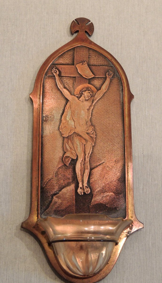 Bénitier , Le Calvaire d'Après Van Dyck , Le Christ En Croix Par Le Graveur B. Wicker , 19 ème 