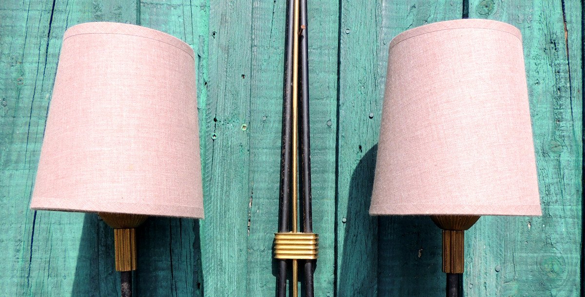 Wall Lamp, Large Wall Lamp In Painted Tube And Golden Brass, With Its Two Lampshades, 20th-photo-4