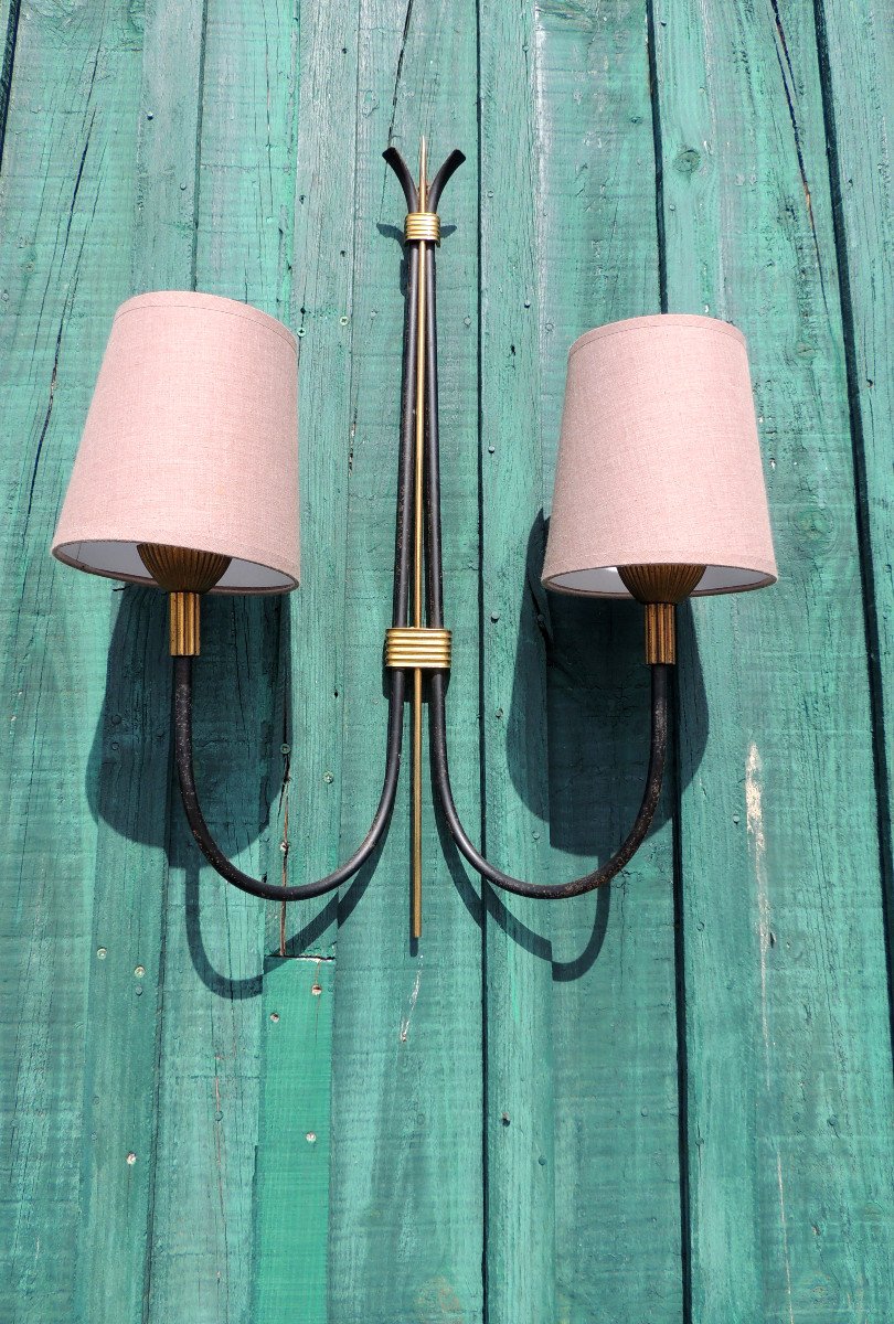 Wall Lamp, Large Wall Lamp In Painted Tube And Golden Brass, With Its Two Lampshades, 20th