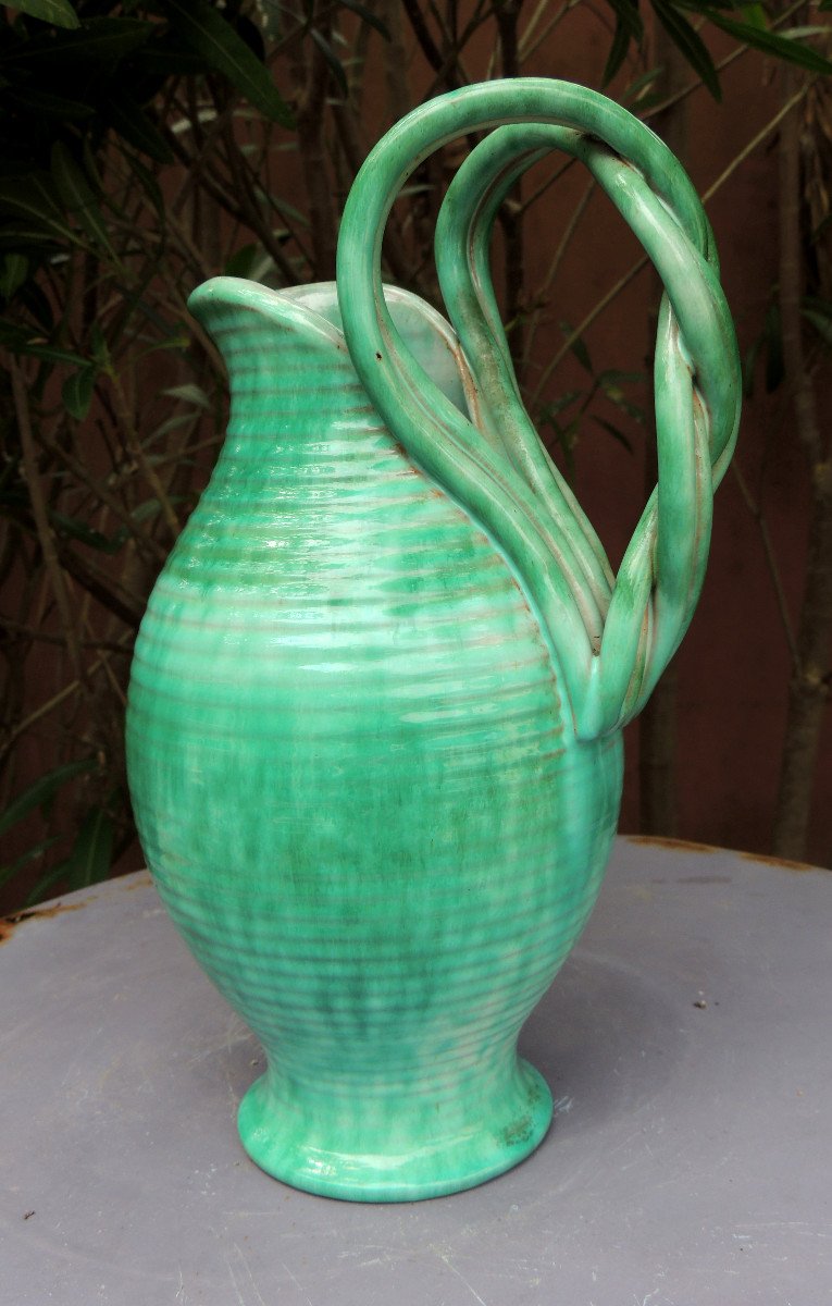 Vase, Ceramic Vase With This Bright Green, With Large Braided Handles Signed Alexana 20th-photo-2