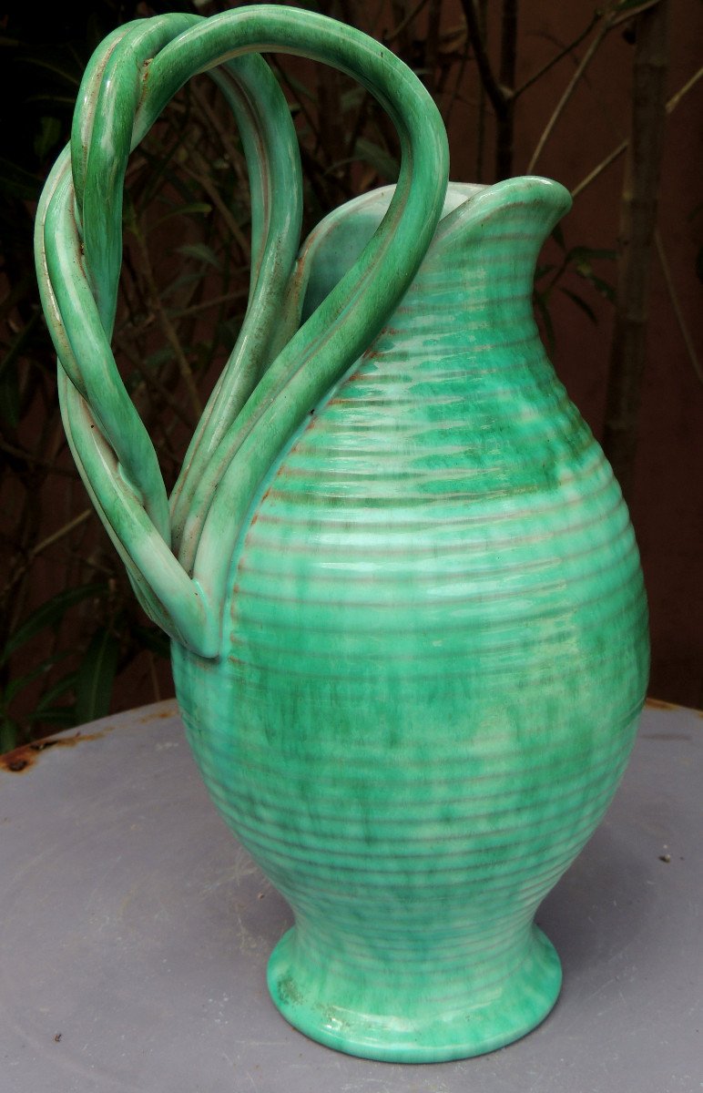 Vase, Ceramic Vase With This Bright Green, With Large Braided Handles Signed Alexana 20th-photo-3