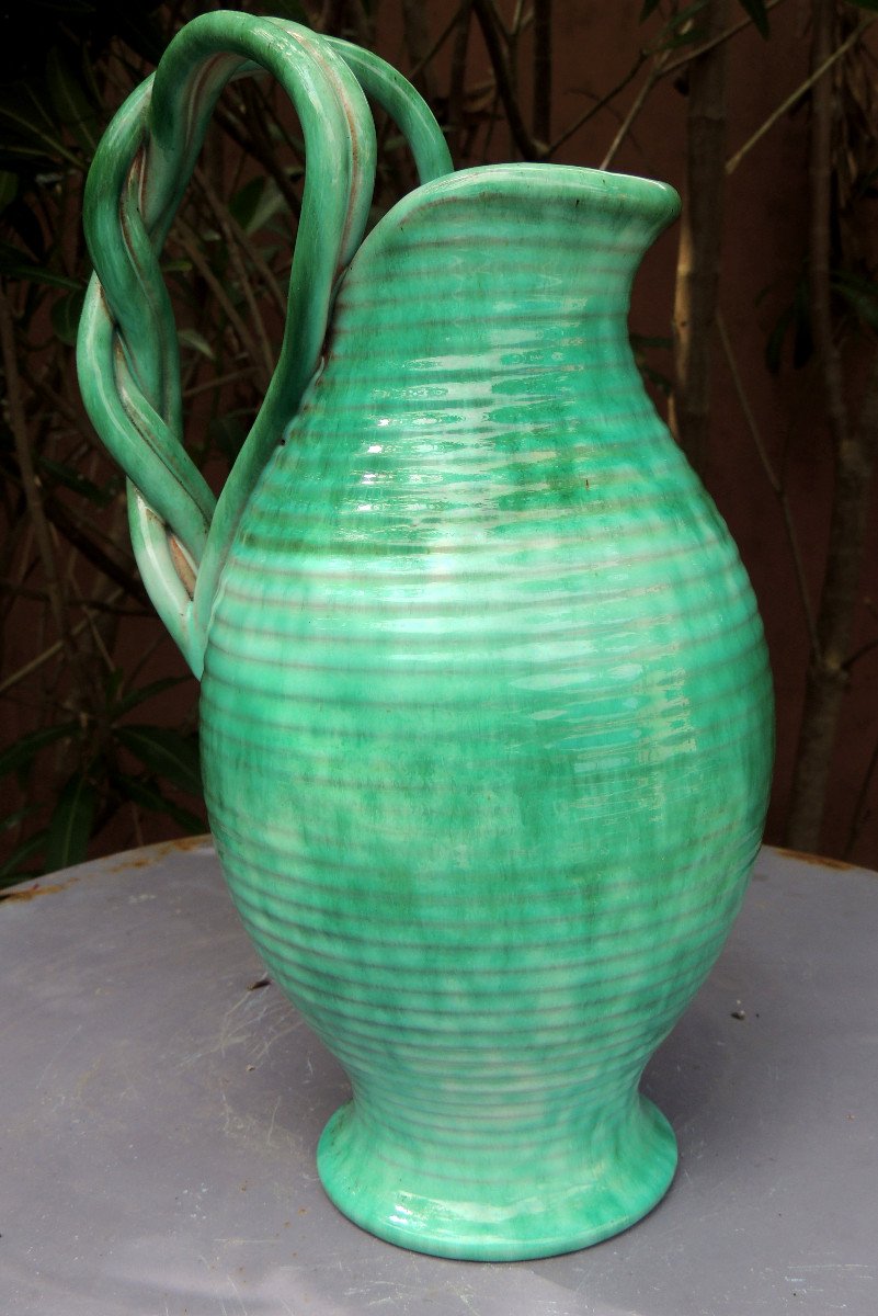 Vase, Ceramic Vase With This Bright Green, With Large Braided Handles Signed Alexana 20th-photo-4